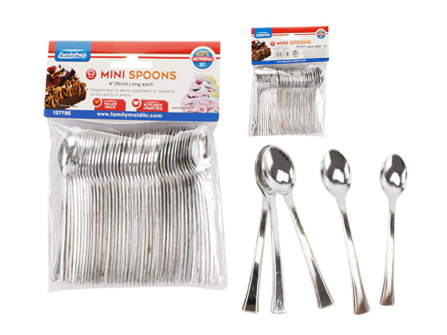 Mini Plastic Spoons 4 Inch – Silver Disposable Dessert & Tasting Spoons (40 Pack)